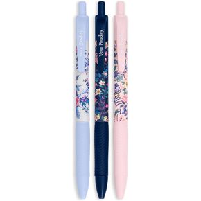 Vera Bradley Black Ink Pen Set of 3, Colorful Retractable Pens, Plastic Click Pens with Zip Pouch, Spring 24 Medley