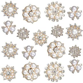 18PCS Rhinestone Pearl Buttons Sparkle Assorted Small Crystal Snowflake Flower Brooch Pins Silver Crafts Charm Embellishment, Wedding Bouquet Brooches for Women DIY Clothes Bags Shoes Decoration