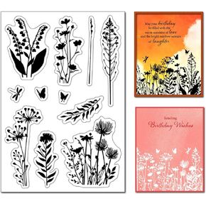 Arbuya Silhouette Flowers Clear Stamps for Card Making DIY Dandelion Lily of The Valley Daisy Floral Rubber Stamps for Gift Tags Paper Crafting Scrapbooking Decor