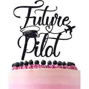 Black Glitter Future Pilot Cake Topper, Adventure Awaits/Congrats Pilot/Class of 2025, 2025 Graduation Party Decorations Supplies