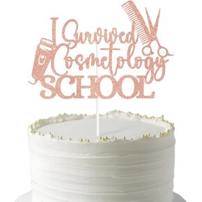 I Survived Cosmetology School Cake Topper, Congrats Cosmetologist, Licensed to Carry, Cosmetology School Graduation Party Decorations Supplies Rose Gold Glitter