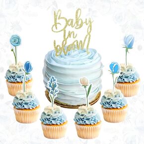 Baby in Bloom Cake Toppers الأزرق الأزرق الكب كيك كب كيك للطفل في Bloom Baby Shower 13 pcs زخارف كعكة الأزهار بين الجنسين تكشف لوازم الحفلات