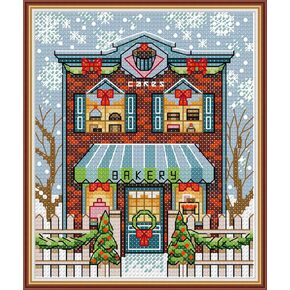 CROSSDECOR Stamped Cross Stitch Kits Pre-printed in Aida Cloth Cross-stitching 14CT Embroidery Starter Kits DIY Cross Stitch Kits for Adults,Christmas Cottage 10.6×10.5in