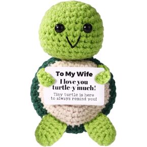 Funny Positive Crochet Turtle, I Love Wife Turtle-y Much Knitted Emotional Plush Doll Support Animal Cheer Up Crochet with Encouragement Card for Women Wife Gifts from Husband Home Office Decor