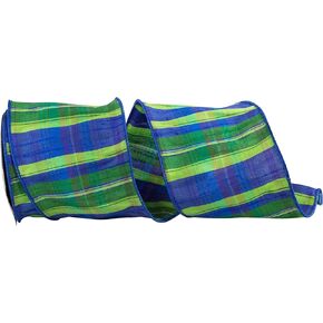 Reliant Ribbon 94136W-319-10F Rainforest Dupioni Plaid Wired Edge Ribbon, 4 Inch X 10 Yards, Blue/Green