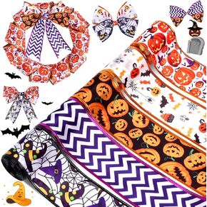 25Yards Halloween Wired Ribbons, 5 Rolls Pumpkin Bat Spider Web Witch Ghost Printed Ribbons for Home Wreath DIY Craft Floral Bow
