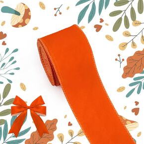 Thanksgiving Ribbon Fall Decor, Burlap Wired Velvet Pumpkin Orange Autumn Ribbon for Fall Thanksgiving Harvest Party Gift Wrapping Crafts Decoration Supplies 10 Yards
