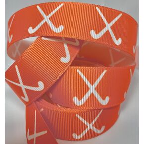 Grosgrain Ribbon - شريط برتقالي مع عصي الهوكي الحقل الأبيض. بوصة واحدة - 10 ياردة ، شريط البوليستر 100 ٪ ، متعة لجميع الحرف الهوكي الميدانية ، الأقواس ومشاريع الخياطة!