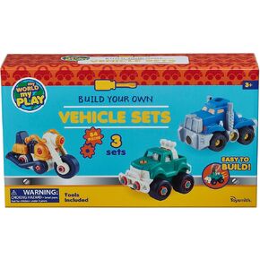 Toysmith Build Your Own Vehicle Set, Build 3 Different Vehicles from 84 Pieces, Set Includes Motorcycle, Off-Road Truck & Semi-Truck, Interactive DIY Toys, Great Gift for Boys and Girls, for Ages 3+