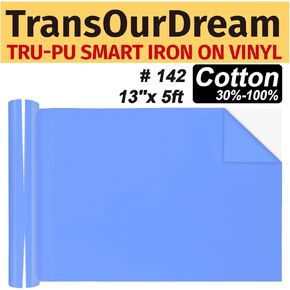 Transourdream Tru-Pu Smart Iron on Vinyl for Maker 3 ، Explore 3 ، Air 2 ، Cameo ، 13in × 5 أقدام لفة من الفينيل الزرقاء الحديد الأزرق للطفل للقمصان ، وقطع بلا حافز لقطع طويلة ، ناعمة ، لزجة