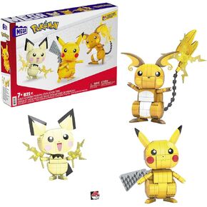 Mega Pokémon Action Figures Toy Building Set ، 4 بوصة Pikachu ، Raichu و Pichu Build N Show Pikachu Evolution Trio مع دبوس كرة الوخزة