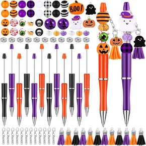 12 مجموعة هالوين صياغة أقلام أقلام القابلة للخروج من نقطة الصبر DIY Make Pen Stik مع حبات خشبية معلقات جراد البحر لطلاب الهالوين المراهقين اللوازم المكتبية المدرسية اللوازم المكتبية