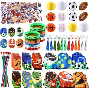 Fulmoon 140 PCS Sports Party Favors تشمل حقيبة الرباط الرياضية Mini Foam Sports Balls قلم القلم الرصاص الرياضي للمعصم شارة المفتاح الحلزوني لمستلزمات الحفلات الرياضية عيد ميلاد