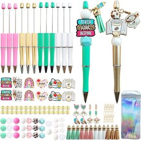 Jnwhy Beadable Pens 12 Sets DIY Point Point Pens Making Kit مع حبات السيليكون بؤرات بؤوسات بؤوس شرابات متنوعة (معلم)