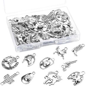 Dremisi 40pcs 10 Style Western Cowboy Charms المعلقات العتيقة الفضية سحر الحصان قبعة الحذاء صبار رعاة البقر طقم لمجوهر