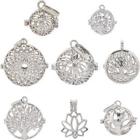 Sunnyclue 8pcs 8 أنماط سحر قفص صغير الحجم بلاد الفضة الفضية الكريستال المجوف الكرة اللوتس لوتس النحاس حامل الحجر المفتوح لقلادة لصنع المجوهر
