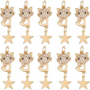 10 Pieces Cat Cubic Zirconia Charm with Star Brass CZ Charm Animal Pendant Real 18K Gold Plated for Jewelry Necklace Earring Making Crafts