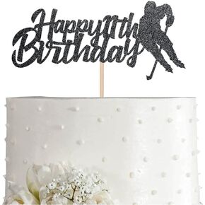 Hockey Happy 11th Birthday Cake Topper, Black Glitter 11 Years Birthday Party Decoration