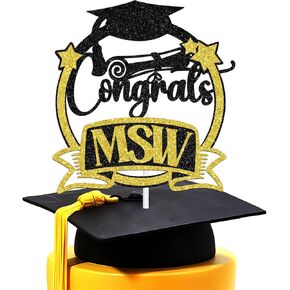 تهانينا MSW Cake Topper ، تهانينا Grad/Master في العمل الاجتماعي ، فئة 2025 لوازم زخارف حفل التخرج الجامعي