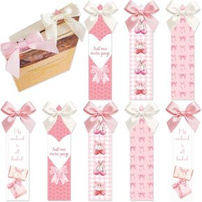 8 مجموعات من المرجعية الوردية القوس اللطيفة Coquette Bow Lowmark Pink and White Satin Book Higds for Mother Day Gread Book Lover Associory Women Friend Wedding Teacher