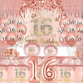 152pcs زخارف عيد الميلاد السادس عشر الحلو للفتيات الذهب الذهب 16th حفلة عيد ميلاد مع لافتة عيد ميلاد الذهب السادس عشر ، بالونات ، مائدة ، لوحات مناديل أدوات المائدة للفتيات السادس عشر