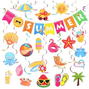 41pcs زخارف الحفلات الصيفية ، ملونة Hello Summer Held Summer Banner Summer Beach Pool Party معلقة ديكورات دوامة للمكاتب المنزلية للأطفال