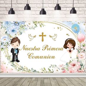 7x5ft mi primera comunion خلفية لتوأم nuestra primera comunion الحزب ديكورات الله يبارك راية العمودية الوردي الأزهار الأزهار التعميد mi bautizo photo photo props props