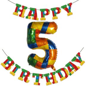 Building Build 5th Banner Banner مع Magic Colorful Block Big Number 5 Balloon Party Supplies Decoritations Decortations Bricks Decore Party Decor