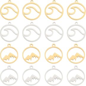 SUNNYCLUE 1 Box 40Pcs Flat Round Mountain Charms Bulk Stainless Steel Wave Charm Sea Beach Charm for Jewelry Making Charms Women Adults DIY Earring Necklace Bracelet Keychains Craft Hawaii Summer