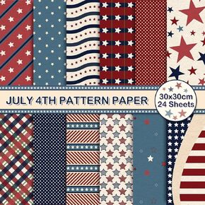 Whaline 24 Sheet 4th of July Pattern Paper Pack Vintage Star Scrapbook Specialty Paper Double-Sided Collection Decorative Patriotic Craft Paper Folded Flat for Card Making Scrapbook Photo Album Decor