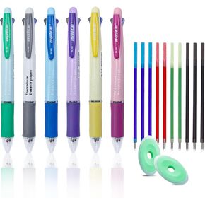 Mroudul 6 PCS 4 in 1 Ploint Pens Pens متعددة الألوان محفوظة 0.5 مم 4 ألوان 4 ألوان قابلة للتراجع PENT PEN Multicolor Pens مع 10 عبوات و 2 ممحى للطلاب اللوازم المكتبية للطلاب