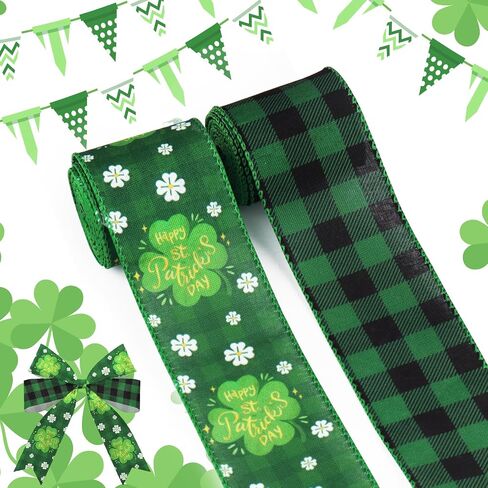 2 Rolls Saint Patricks Day Fabric Dibbons St Patricks Shamrocks brlap chinen blun ripons glitter clovers edge regbons for saint patricks day decoration party parts supplies supplies 5 kards in Saudi Arabia