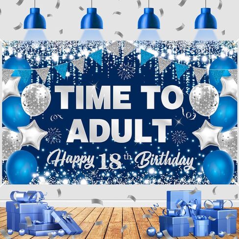Blue Silver 18th Birthday Backdrop Party Decorations for Boys Girls Time To Adult Happy 18th Birthday Banner Large 18 Eighteen Years Old Birthday Photography Background Party Supplies, 73" X 43" in Saudi Arabia
