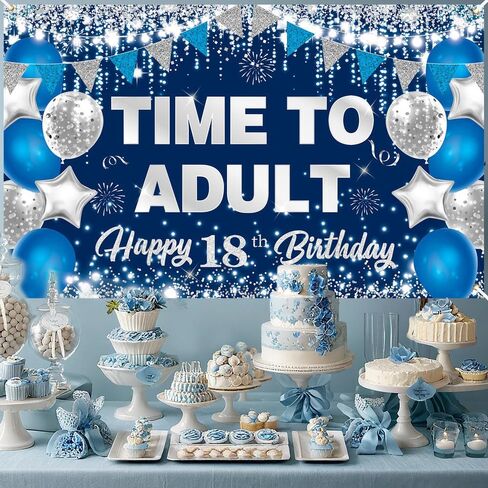Blue Silver 18th Birthday Backdrop Party Decorations for Boys Girls Time To Adult Happy 18th Birthday Banner Large 18 Eighteen Years Old Birthday Photography Background Party Supplies, 73" X 43" in Saudi Arabia