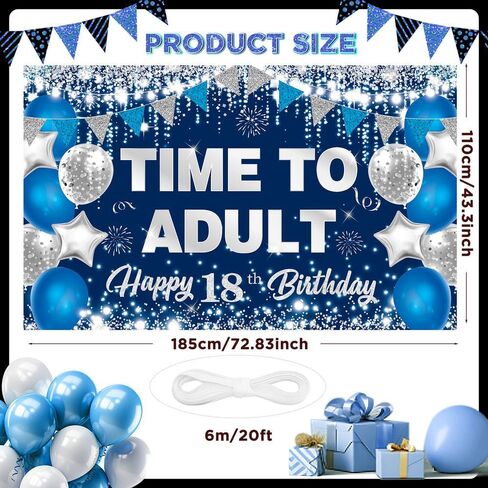 Blue Silver 18th Birthday Backdrop Party Decorations for Boys Girls Time To Adult Happy 18th Birthday Banner Large 18 Eighteen Years Old Birthday Photography Background Party Supplies, 73" X 43" in Saudi Arabia