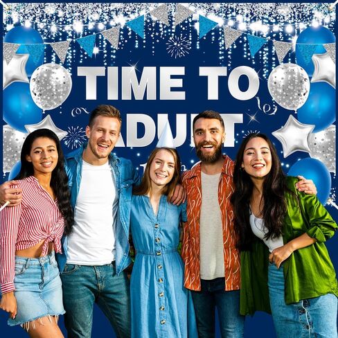 Blue Silver 18th Birthday Backdrop Party Decorations for Boys Girls Time To Adult Happy 18th Birthday Banner Large 18 Eighteen Years Old Birthday Photography Background Party Supplies, 73" X 43" in Saudi Arabia