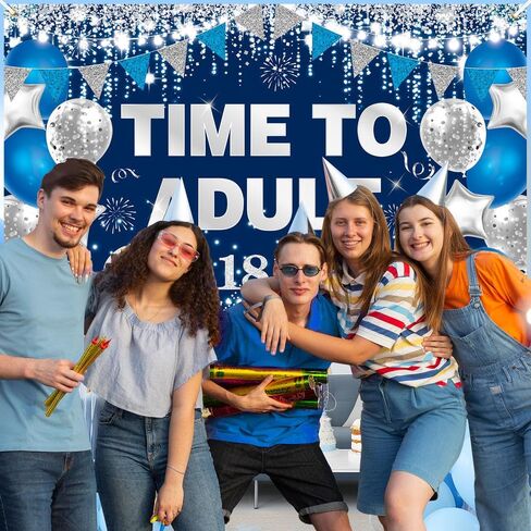 Blue Silver 18th Birthday Backdrop Party Decorations for Boys Girls Time To Adult Happy 18th Birthday Banner Large 18 Eighteen Years Old Birthday Photography Background Party Supplies, 73" X 43" in Saudi Arabia