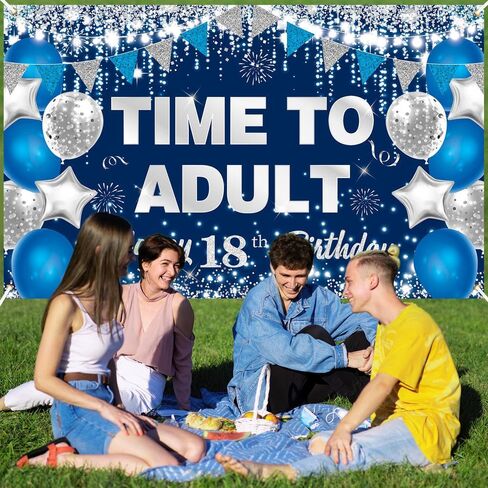 Blue Silver 18th Birthday Backdrop Party Decorations for Boys Girls Time To Adult Happy 18th Birthday Banner Large 18 Eighteen Years Old Birthday Photography Background Party Supplies, 73" X 43" in Saudi Arabia
