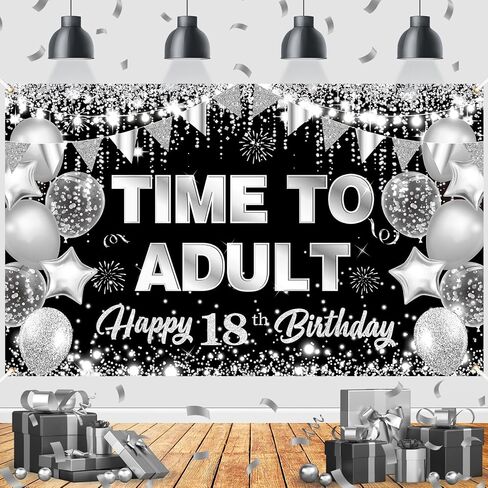 Blue Silver 18th Birthday Backdrop Party Decorations for Boys Girls Time To Adult Happy 18th Birthday Banner Large 18 Eighteen Years Old Birthday Photography Background Party Supplies, 73" X 43" in Saudi Arabia
