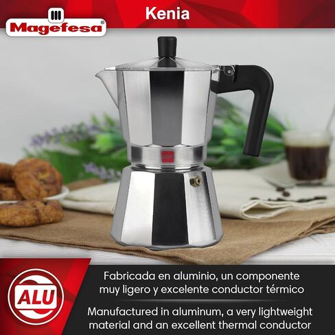 MAGEFESA KENIA - Stovetop Espresso Coffee Maker, 9 cups Size, make your own home italian coffee with this moka pot, made in extra thick aluminum, safe and easy to use, cafetera, café in Kuwait
