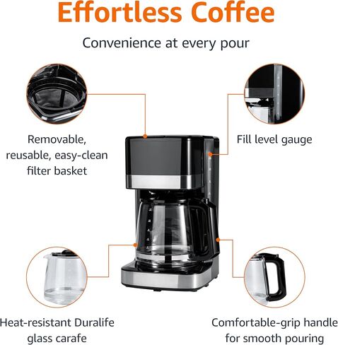 Amazon Basics 5 Cup Drip Coffee Maker with Glass Coffee Pot (0.8 Qt), Auto Shut-off, Auto Pause, Removable Filter Basket, Matte Black in Kuwait