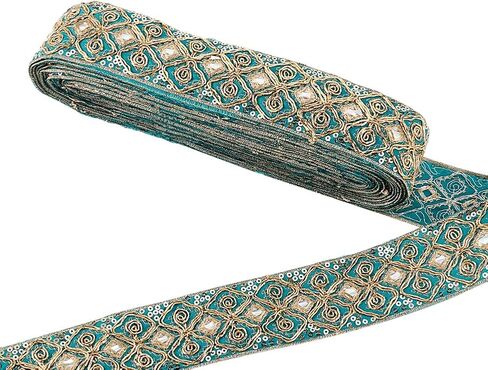 PH PandaHall 10 Yards Ethnic Jacquard Ribbon, 1-3/4 inch Blue Emobridered Ribbon Flower Sequins Trim Ribbon Fabric Trim Fringe for Sewing Handmade Bag Strap Belt Making DIY Clothing Decoration in Saudi Arabia