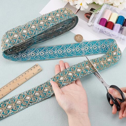 PH PandaHall 10 Yards Ethnic Jacquard Ribbon, 1-3/4 inch Blue Emobridered Ribbon Flower Sequins Trim Ribbon Fabric Trim Fringe for Sewing Handmade Bag Strap Belt Making DIY Clothing Decoration in Saudi Arabia