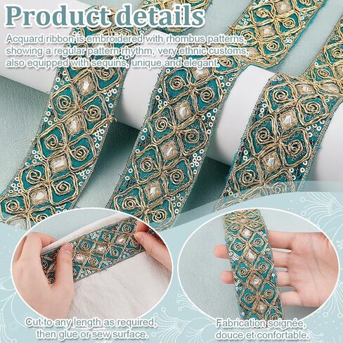 PH PandaHall 10 Yards Ethnic Jacquard Ribbon, 1-3/4 inch Blue Emobridered Ribbon Flower Sequins Trim Ribbon Fabric Trim Fringe for Sewing Handmade Bag Strap Belt Making DIY Clothing Decoration in Saudi Arabia