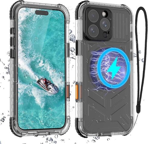 Magnetic Waterproof Frosted Case for iPhone 16 Plus 6.7 inch, with Wrist Strap, Built-in Screen Camera Protector, Military Grade Shockproof, Full Body Rugged Phone Cover, Black-Side in Kuwait