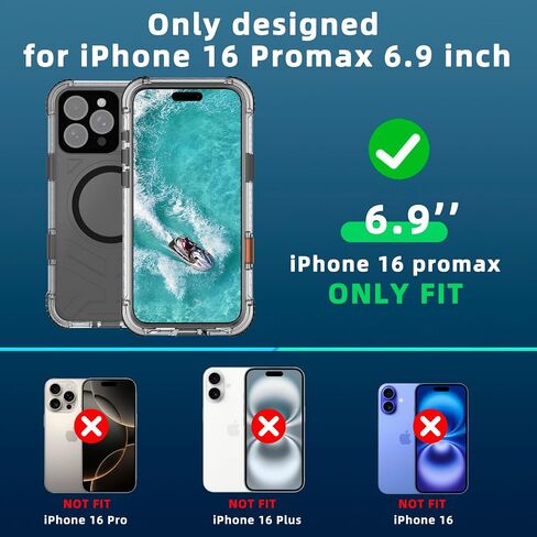 Magnetic Waterproof Frosted Case for iPhone 16 Plus 6.7 inch, with Wrist Strap, Built-in Screen Camera Protector, Military Grade Shockproof, Full Body Rugged Phone Cover, Black-Side in Kuwait