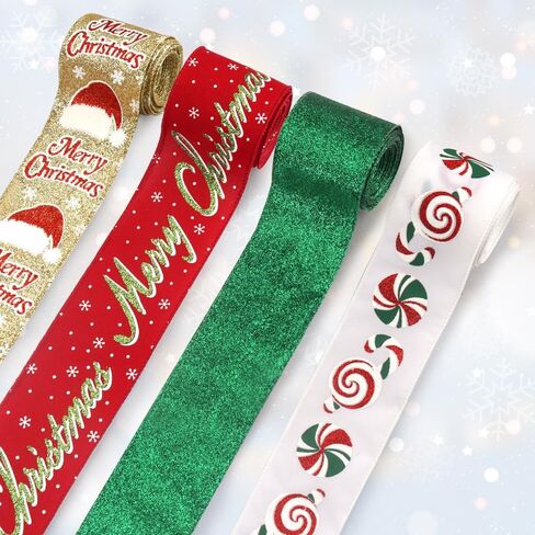 On-Airstore 2 Rolls Christmas Fabric Ribbons 5 Yards Words Tree Plaids Fluffy Ribbons Xmas Burlap Linen Decor Ribbon for New Year Party Gift Wrapping Indoor Outdoor Craft Hanging Decoration Supplies in Saudi Arabia