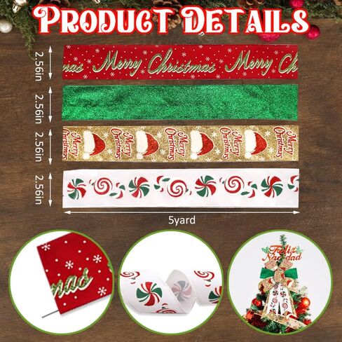 On-Airstore 2 Rolls Christmas Fabric Ribbons 5 Yards Words Tree Plaids Fluffy Ribbons Xmas Burlap Linen Decor Ribbon for New Year Party Gift Wrapping Indoor Outdoor Craft Hanging Decoration Supplies in Saudi Arabia
