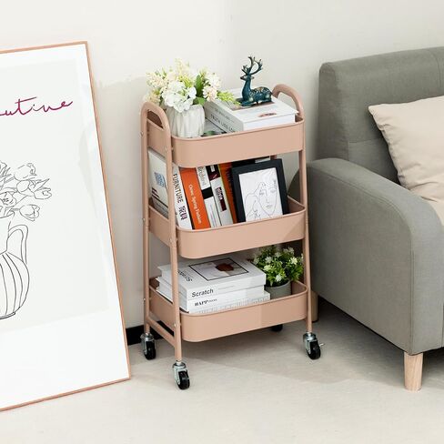 AGTEK Makeup Cart, Movable Rolling Organizer Cart, 3 Tier Metal Utility Cart with Lockable Wheels for Home & Office, Purple in Kuwait