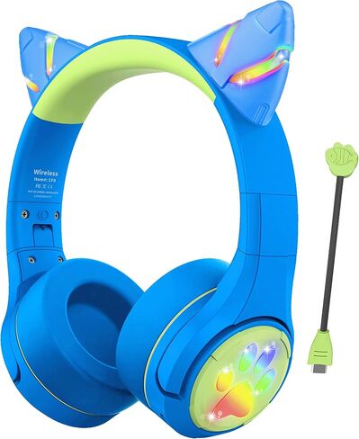 Riwbox CF9 Cat Ear Kids Bluetooth Headphones with LED Light Up,Safe 85dB Volume Limit,Built-in Mic&Boom Mic for Calls,Kids Wireless&Wired Headphones for Tablet/Airplane/School/Online Learning (Purple) in Kuwait